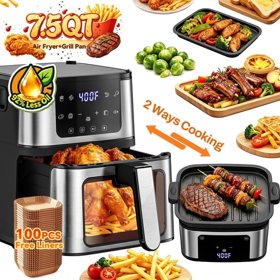 7.5QT Air Fryer with Grill Pan, Large Family Size for 2-7 People, LED View Window, 1450W Powerful Heating,Roasting,Baking, Nonstick Dishwasher Safe Basket, 92% Less Oil, 8 Presets & 100 Free Liners