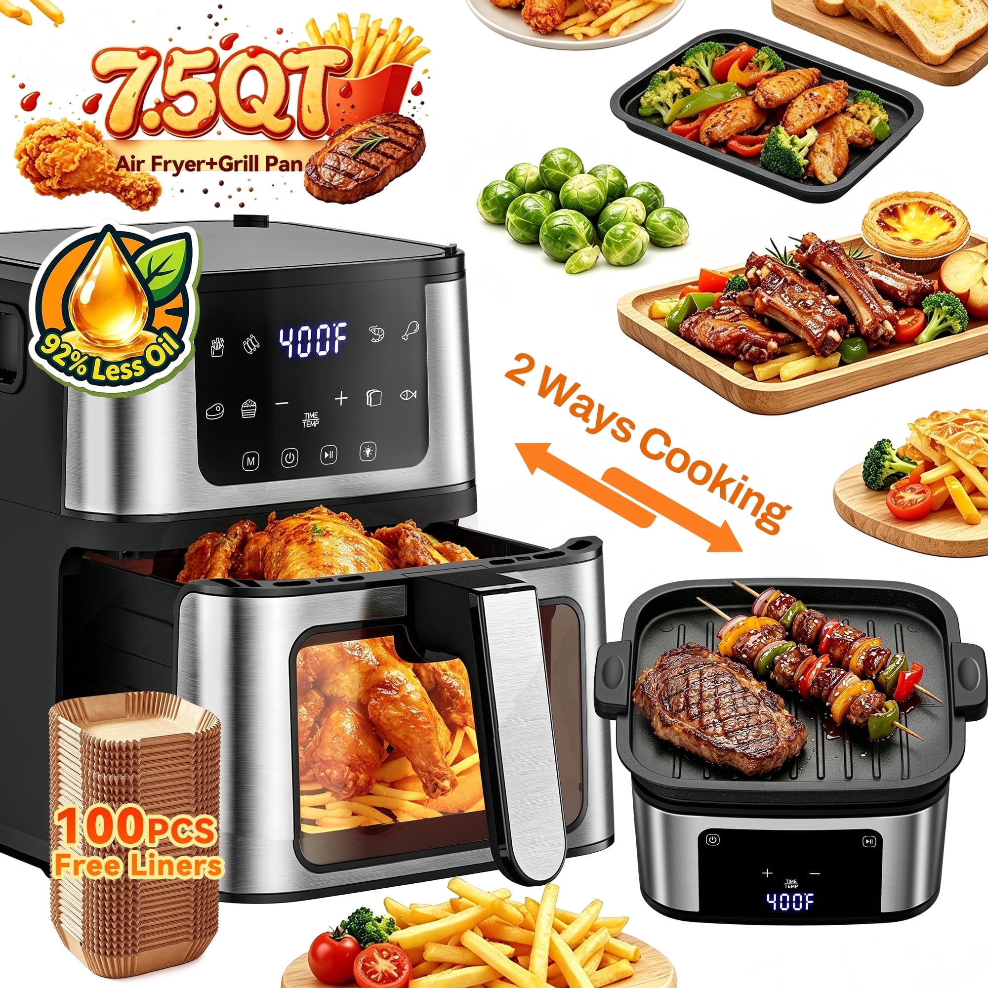 7.5QT Air Fryer with Grill Pan, Large Family Size for 2-7 People, LED View Window, 1450W Powerful Heating,Roasting,Baking, Nonstick Dishwasher Safe Basket, 92% 