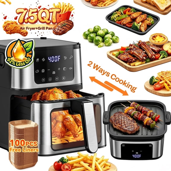 7.5QT Air Fryer with Grill Pan, Large Family Size for 2-7 People, LED View Window, 1450W Powerful Heating,Roasting,Baking, Nonstick Dishwasher Safe Basket, 92% Less Oil, 8 Presets & 100 Free Liners