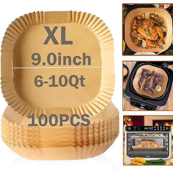 Air Fryer Disposable Paper Liner, Natural Baking Parchment Paper Air fryer liners,Thickened Oil-Proof High Temperature,for Air Fryers,Ovens,Pan and Microwaves (9inch-XL-Thick, square-Brown)