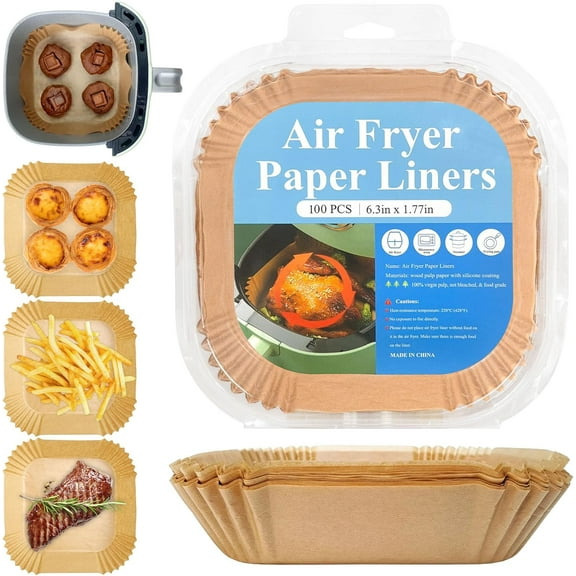Air Fryer Liner Square,6.3" Natural Parchment Paper for Air Fryer Oil-proof Water-proof,Food Grade Parchment for AirFryer,Steamer,Microwave Etc(100PCS)