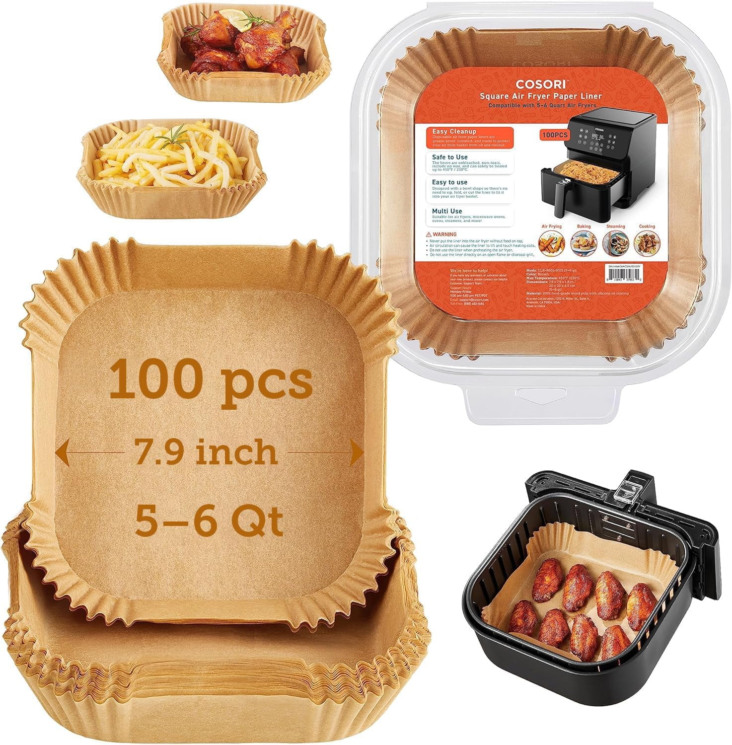 Air Fryer Liners, 100 PCS Square Disposable Paper Liners, Non-Stick Silicone Oil Coating, Little to No Cleaning, 7.9" Unbleached Food Grade, Resistant to 465°F, Thickened Not Easy to Break