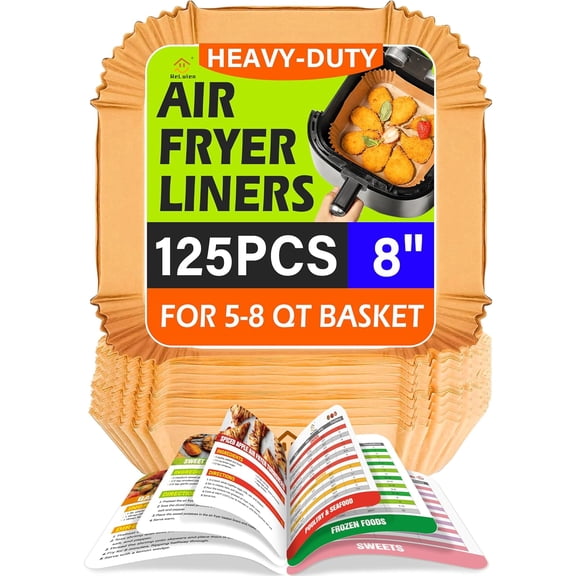 Air Fryer Liners Disposable,125Pcs 8Inch Airfryer Liners with Air Fryer Cheat Sheet Cooking Guide Booklet, Non-Stick Parchment Paper Square, Air Fryer Cookbooks Recipes