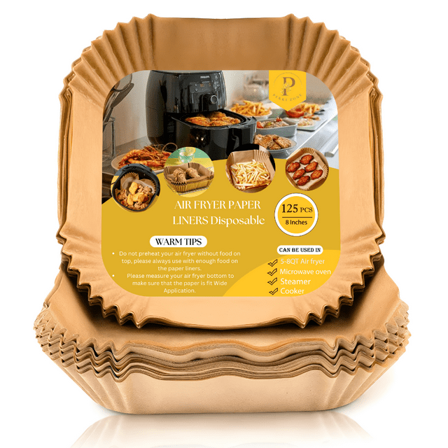 Perri Zone 125Pcs 8 inch Square Air Fryer Liners, Nonstick Unbleached, Water & Oil Proof