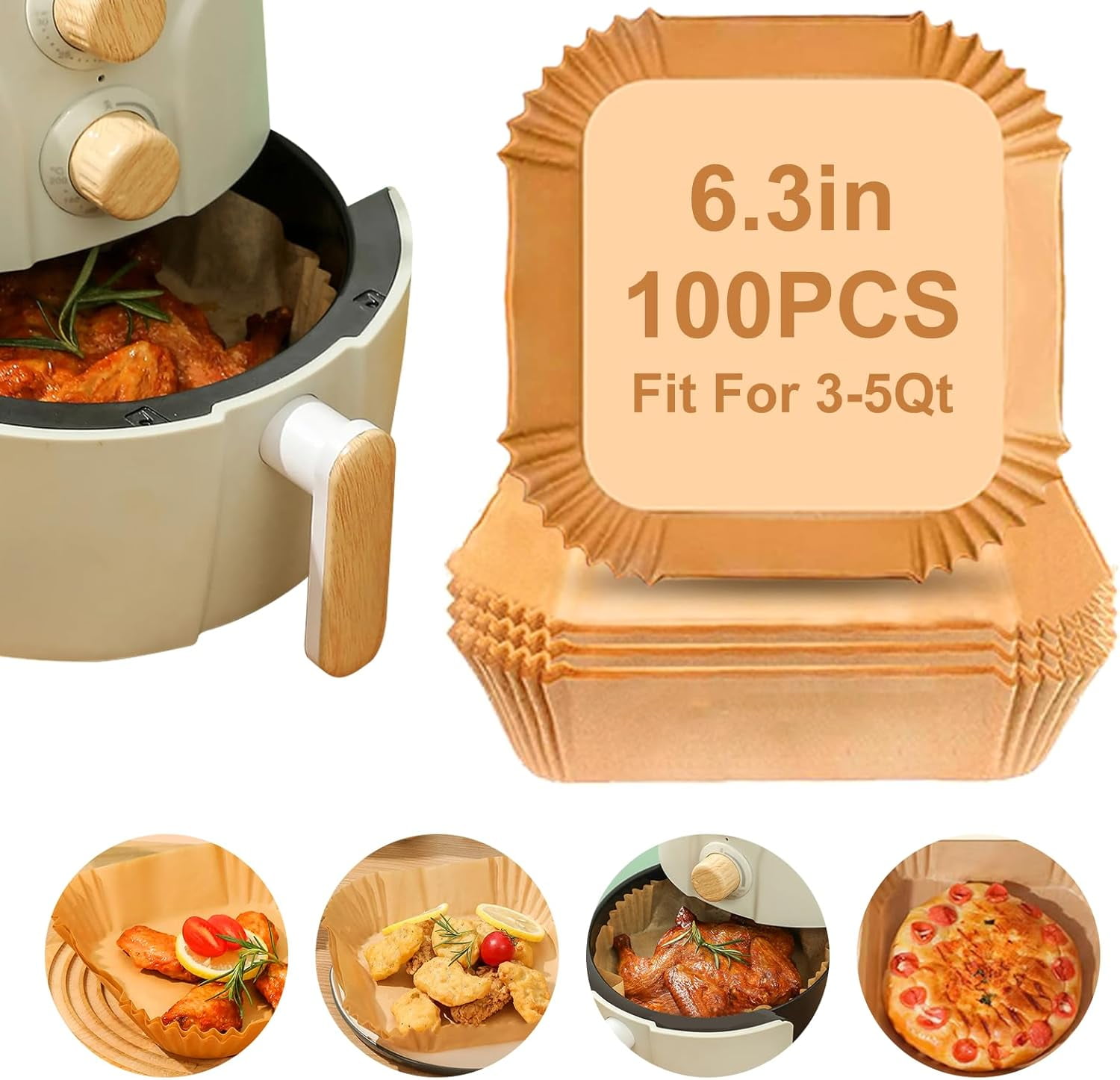 Air Fryer Liners Disposable Paper,100Pcs Airfryer Paper Liners,Non Stick Parchment Paper Liners,Food Grade Air Fryer Accessories for Microwave Oven Steamer 6.3inch Square