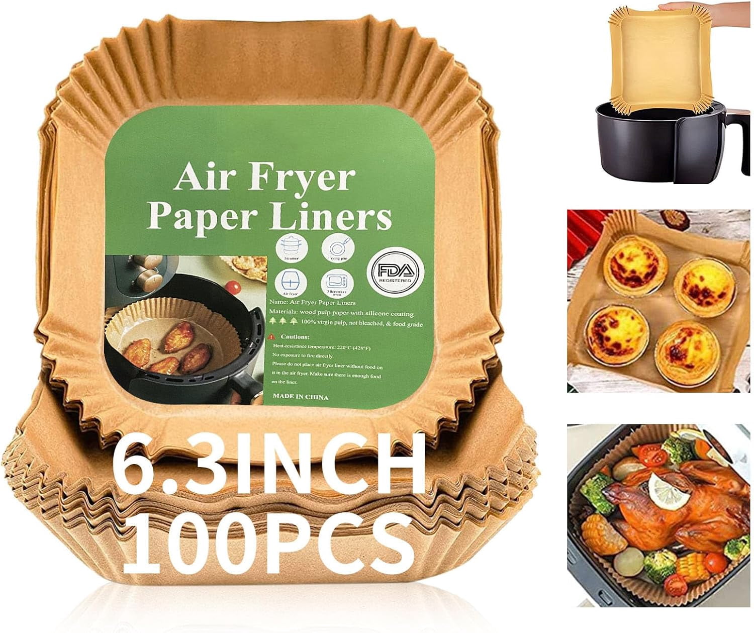 Air Fryer Liners Disposable Square, 100 count 6.3 INCH Airfryer Liners ...