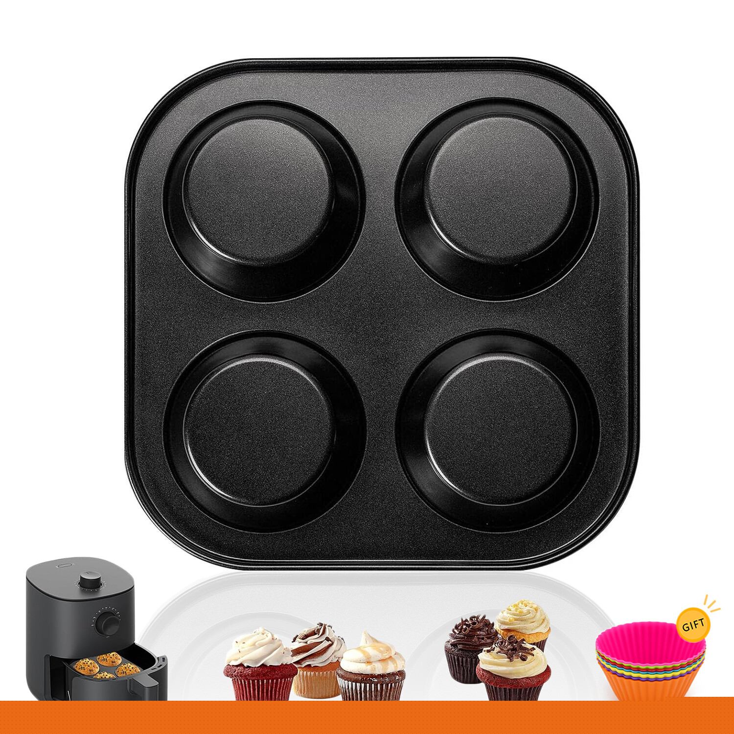 thumbnail image 1 of Air Fryer Muffin Top Pan with 7 Pack Reusable Silicone Baking Cup Liners for Cupcakes, Large 4-Cup Pies Pan, Non-Stick Bakeware for Eggs, Cornbread, Small Cake Layers and Drop Cookies, 1 of 8