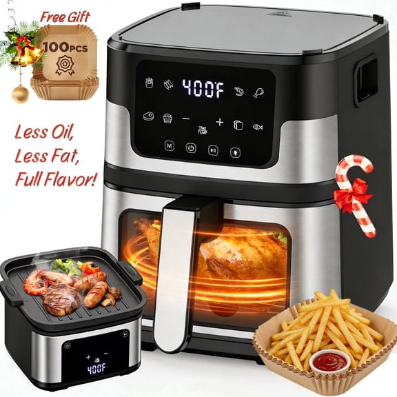 7.5Qt Air Fryer Oven + Grill Plate, 8-in-1 Family Size with Visible Window & Light, Digital LED Touch Screen, 10 Preset Cookings, 95% Less Oil, Nonstick Easy Clean Basket, 100Pcs Liner