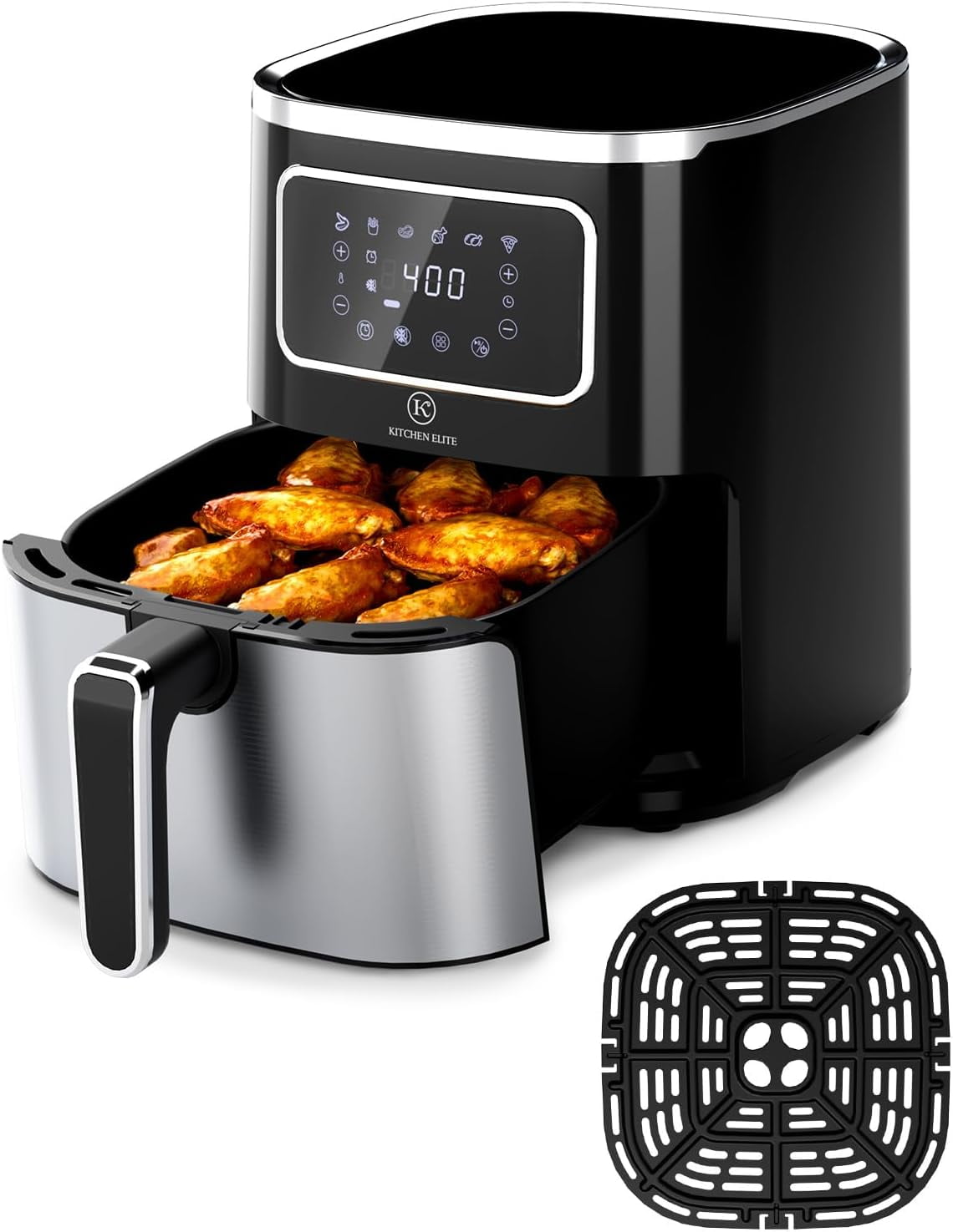 Air Fryer Oven 5.5Qt, 6 Presets Digital Display Compact Cooker,Space-saving, Nonstick & Dishwasher Safe Basket, Stainless Steel,Kitchen Elite