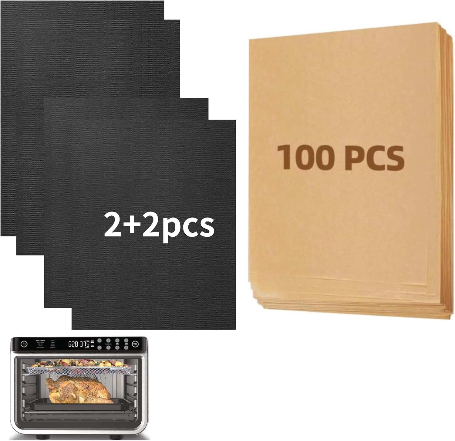 Air Fryer Oven Liners for Ninja DT201 Air Fryer Oven, 100pcs Parchment Paper + 4pcak Non-stick Reusable Liners