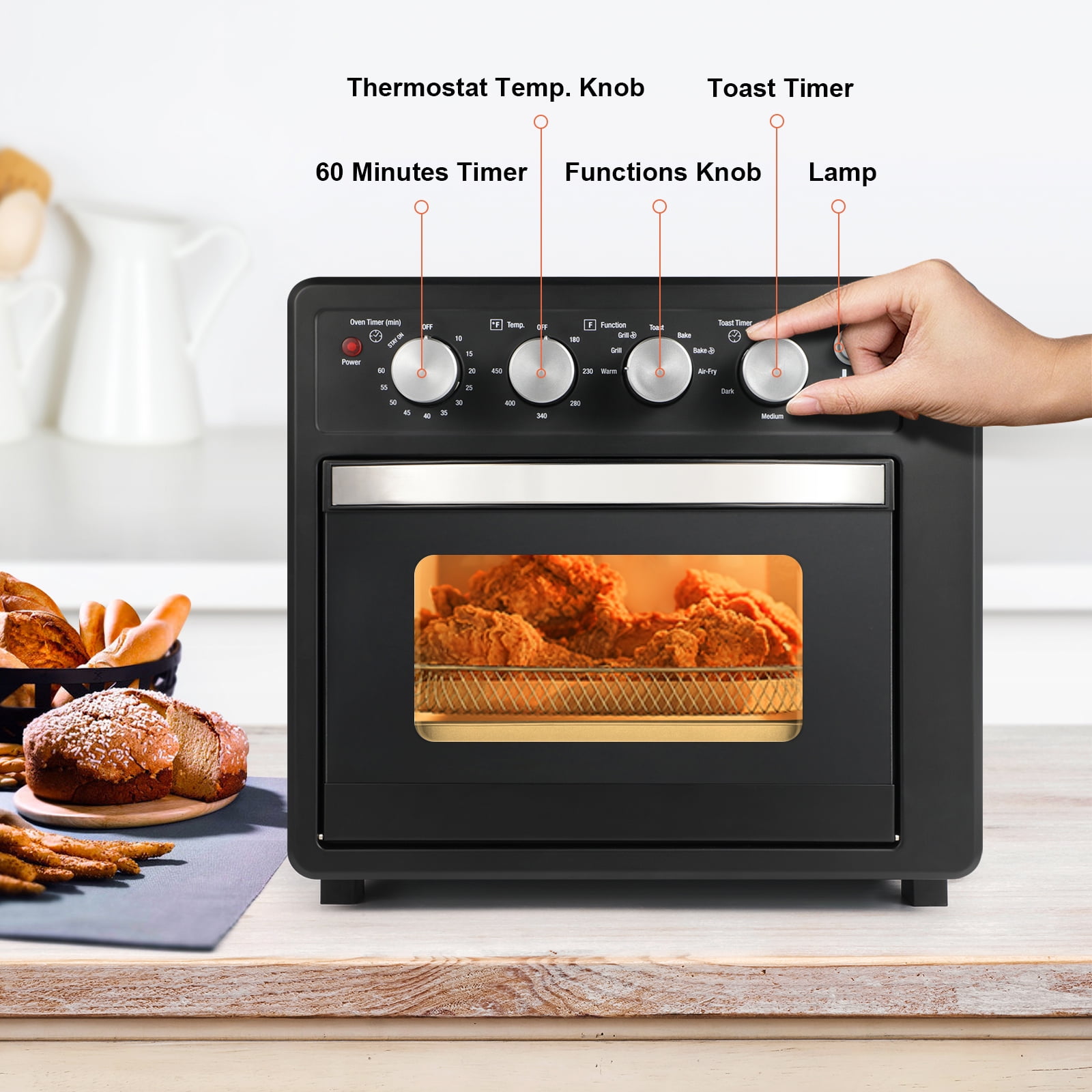 Air Fryer Oven, Toaster Oven Air Fryer Combo, Family Size Air Fryer Oven, 6  Accessories Included , 25L Large Capacity, Black/ Matte Stainless 