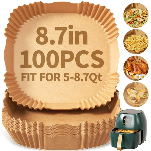 8 Inch Air Fryer Parchment Liners 100 PCS, Disposable Non-Stick Paper for 5-8QT Fryer Basket, Baking Roasting Microwave Safe, Flower Pattern, Brown