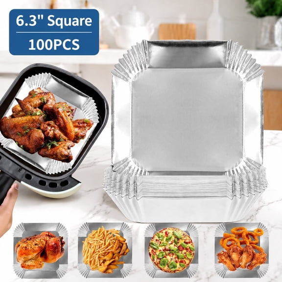 Air Fryer Paper Liners 100 Pieces, 6.3” Aluminum Foil Non-stick Disposable Sheets for Baking, Frying, Grilling, Roasting and Microwave Use