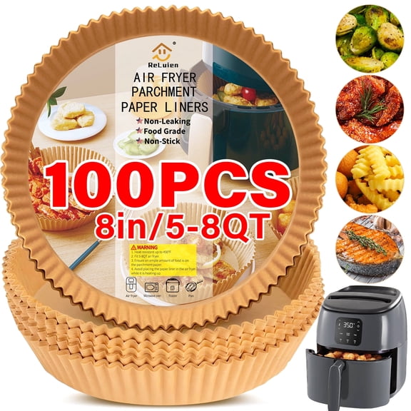 Reluien Air Fryer Liners 100 Pcs, 8 Inch Non-Stick Oil Resistant Parchment Paper, Disposable Round Airfryer Liner for 5-8QT Air Fryer, Baking