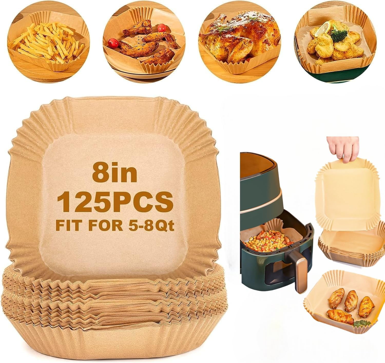 Air Fryer Paper Liners, 125Pcs Parchment Paper, Air Fryer Disposable Paper Liner for Microwave, Non-Stick Air Fryer Liners Square Free of Bleach (8IN)