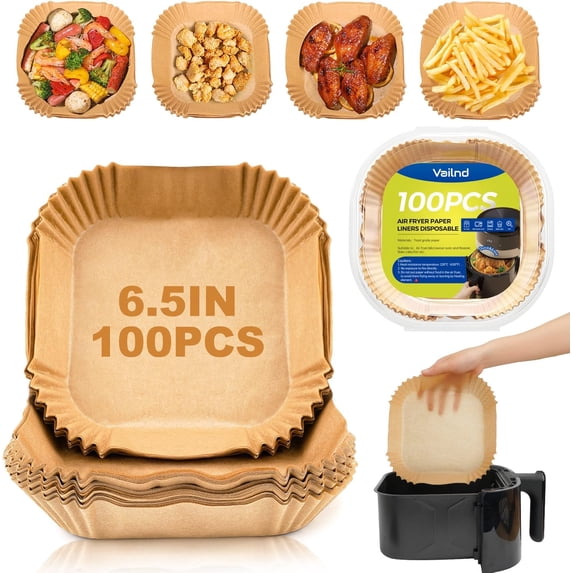 Air Fryer Paper Liners Disposable: 100PCS Non-Stick Air Fryer Parchment Paper, Food Grade Baking Sheets for Baking Roasting Microwave (6.5IN-Square)