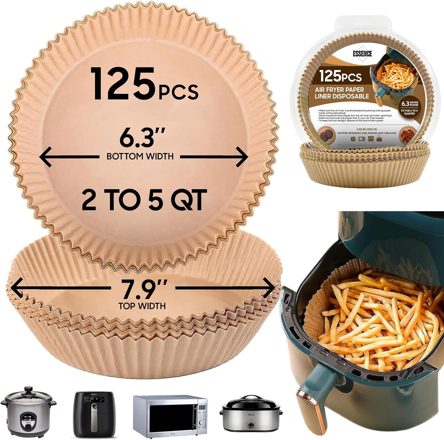 Air Fryer Paper Liners Disposable 125Pcs Round Parchment Paper Liners 6.3In Non-stick Unbleached Water & Oil Proof Airfryer liners for Microwave Oven baking & cooking