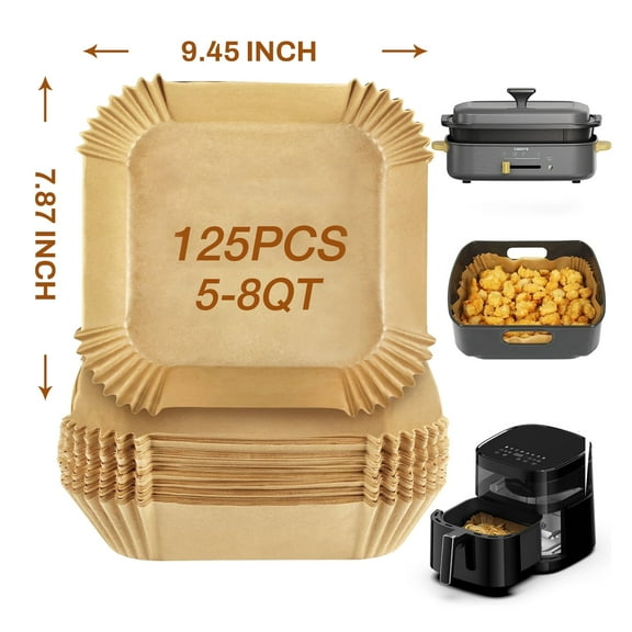 Behome Air Fryer Disposable Paper Liners, 125 Pack 9.457.87 Inch Rectangle Air Fryer Paper Liners, Non-Stick Parchment Paper Liners for Air Fryer Basket, Steamer Microwave Oven