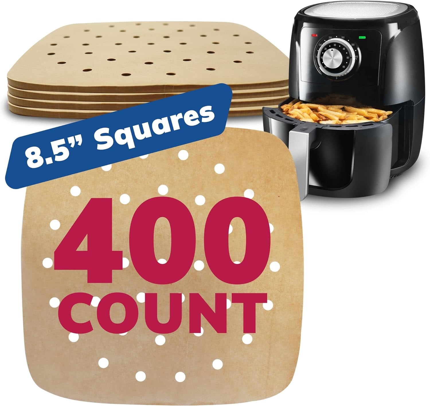 Air Fryer Parchment Paper Liners (400 Pcs) Brown | 8.5 Inch Square Disposable Liner Sheets | Parchment Paper for Air Fryer, Steaming, Baking | Perforated, Food Grade