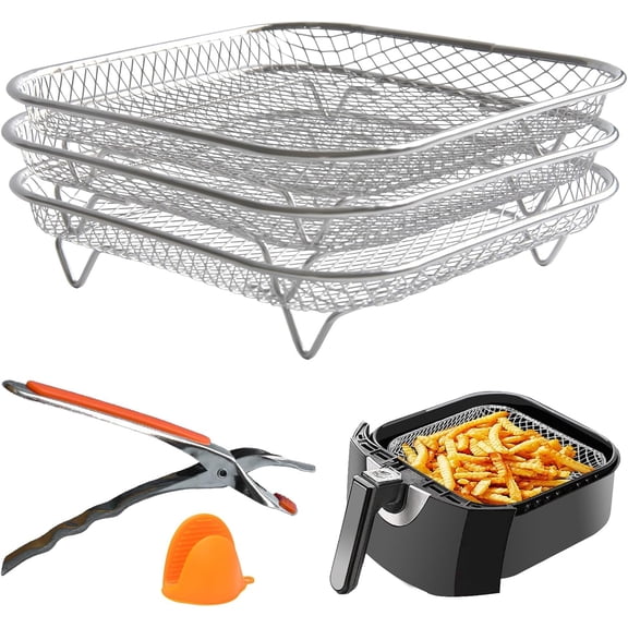 Air Fryer Rack 3pcs Stackable Set(Square), 304 Stainless Steel Mesh Baskets. Air Fryer Accessories for , Instant Vortex, Chefman Airfryer, Ninja Foodi Grill