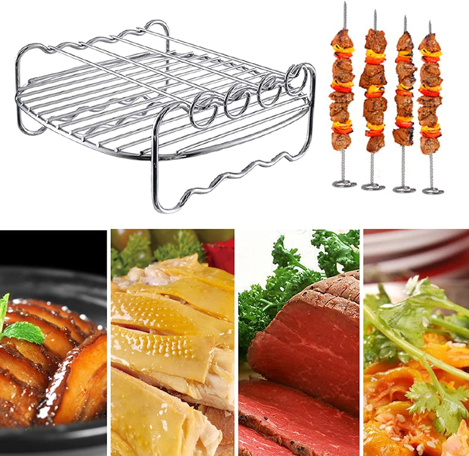 Air Fryer Rack for Double Basket Air Fryers Stainless Steel Multi Layer Rack Grill Rack Multi purpose Double Layer Rack with 4 Skewers Dehydrator Rack