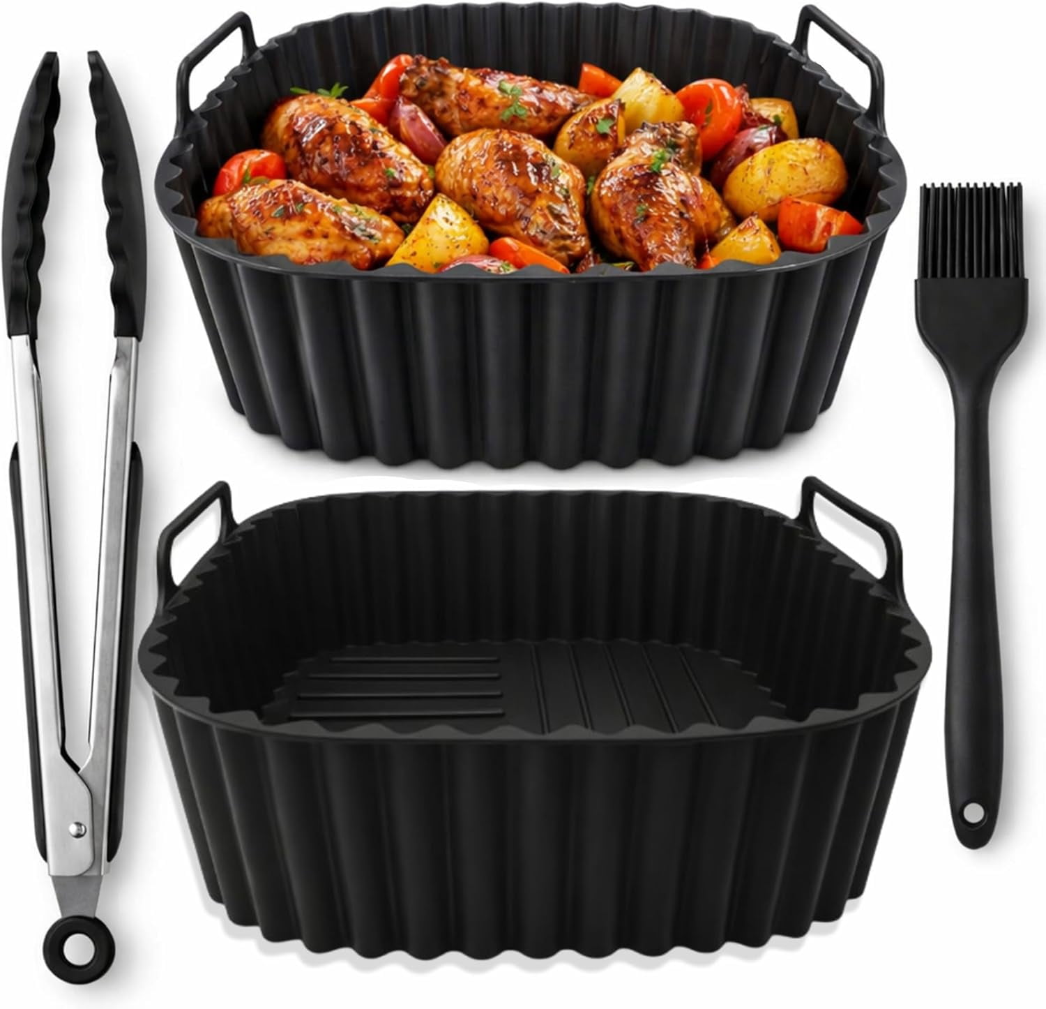 Air Fryer Silicone Liners 2 Pack for 4–7QT Square Basket – Reusable Nonstick Food-Grade Silicone Air Fryer Basket Liners – Dishwasher Safe, Includes Tongs & Basting Brush