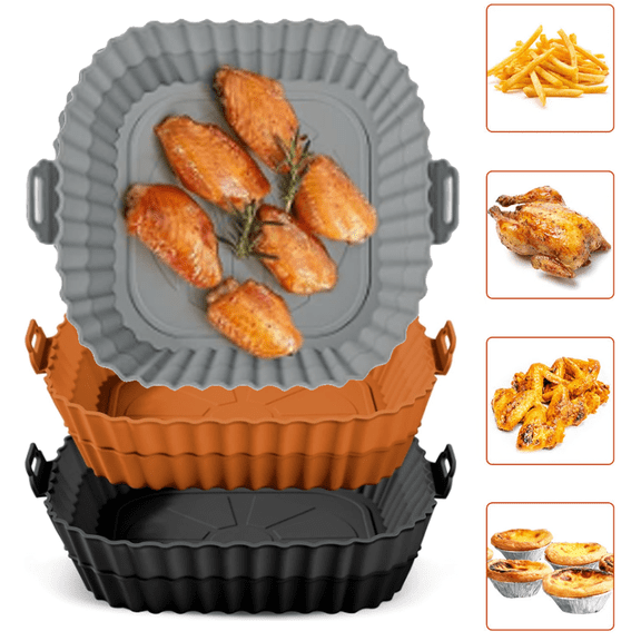 Air Fryer Silicone Liners, 3pcs Reusable Non-Stick, Foldable Baking Pan with Handle, Square Fryer Mat Kitchen Accessory, Air Fryer Accessories