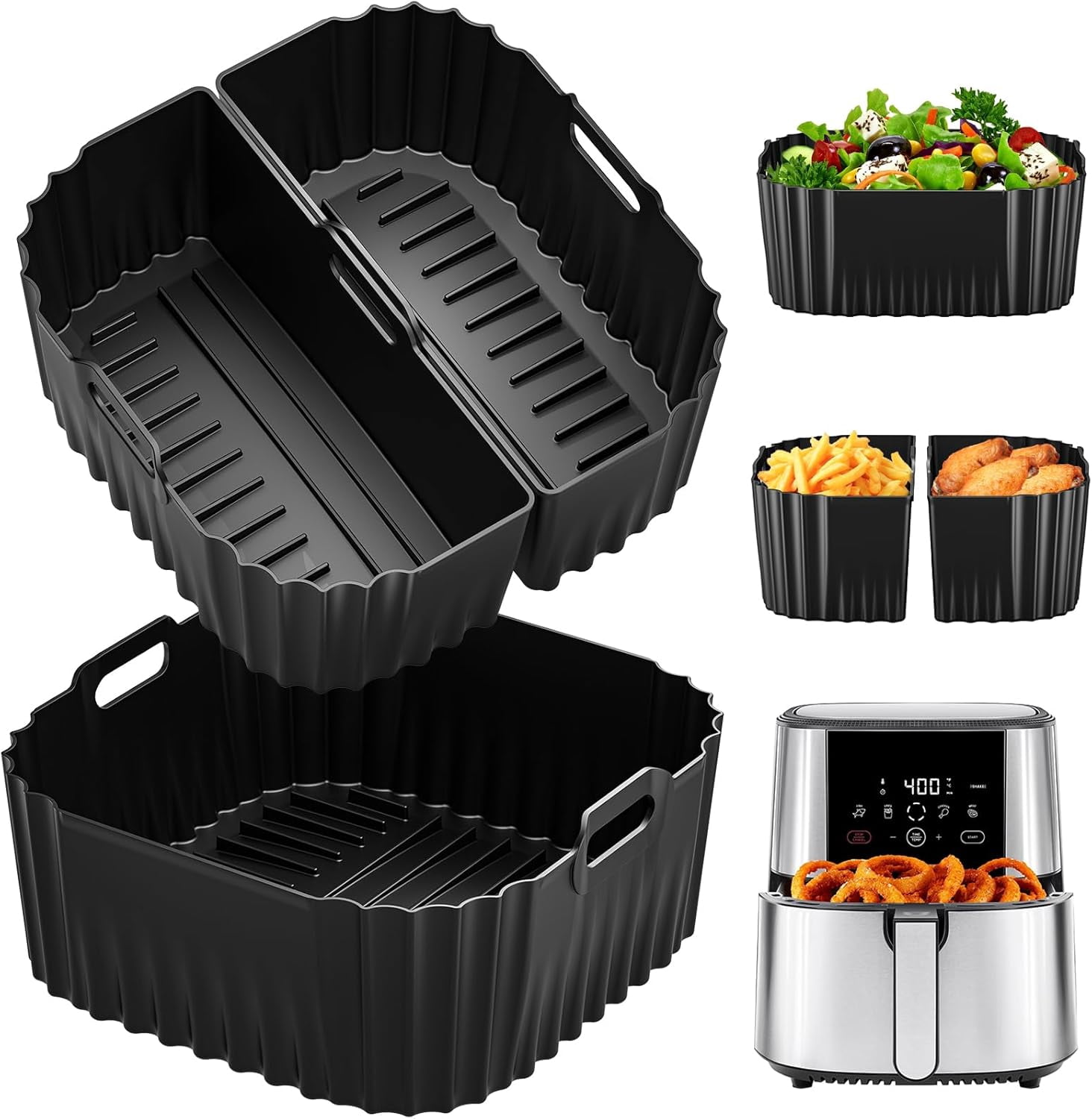 Air Fryer Silicone Liners Square for Chefman 8QT Air Fryer, 3 Pack Reusable Silicone Pot Baking Accessories for Instant, Nuwave, and other 8QT to 10QT Large AirFryer, 2 In 1 Liners