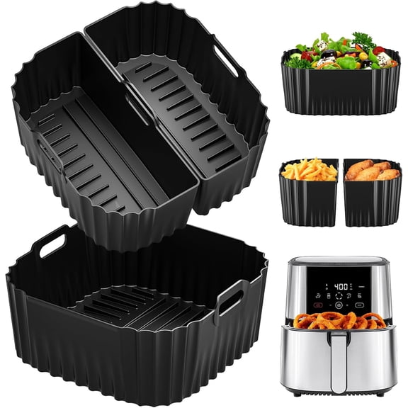 Air Fryer Silicone Liners Square for Chefman 8QT Air Fryer, 3 Pack Reusable Silicone Pot Baking Accessories for Instant, Nuwave, and other 8QT to 10QT Large AirFryer, 2 In 1 Liners