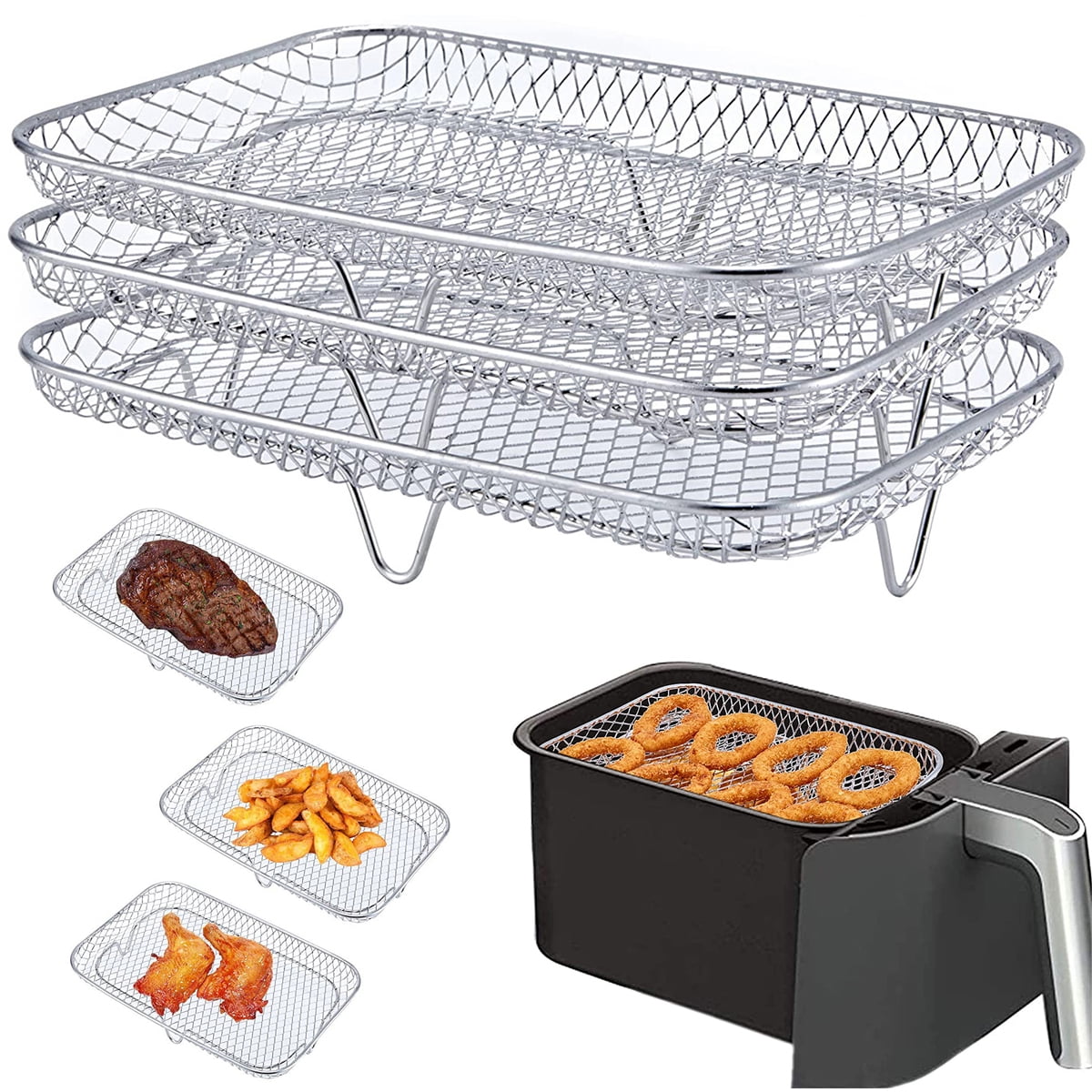 3pcs Stackable Air Fryer Racks Rectangle Air Fryer Mesh Tray Multi Layer  Toast Racks Stainless Steel Dehydration Rack Compatible With Dual Air Fryer, 90 Days B… in 2023