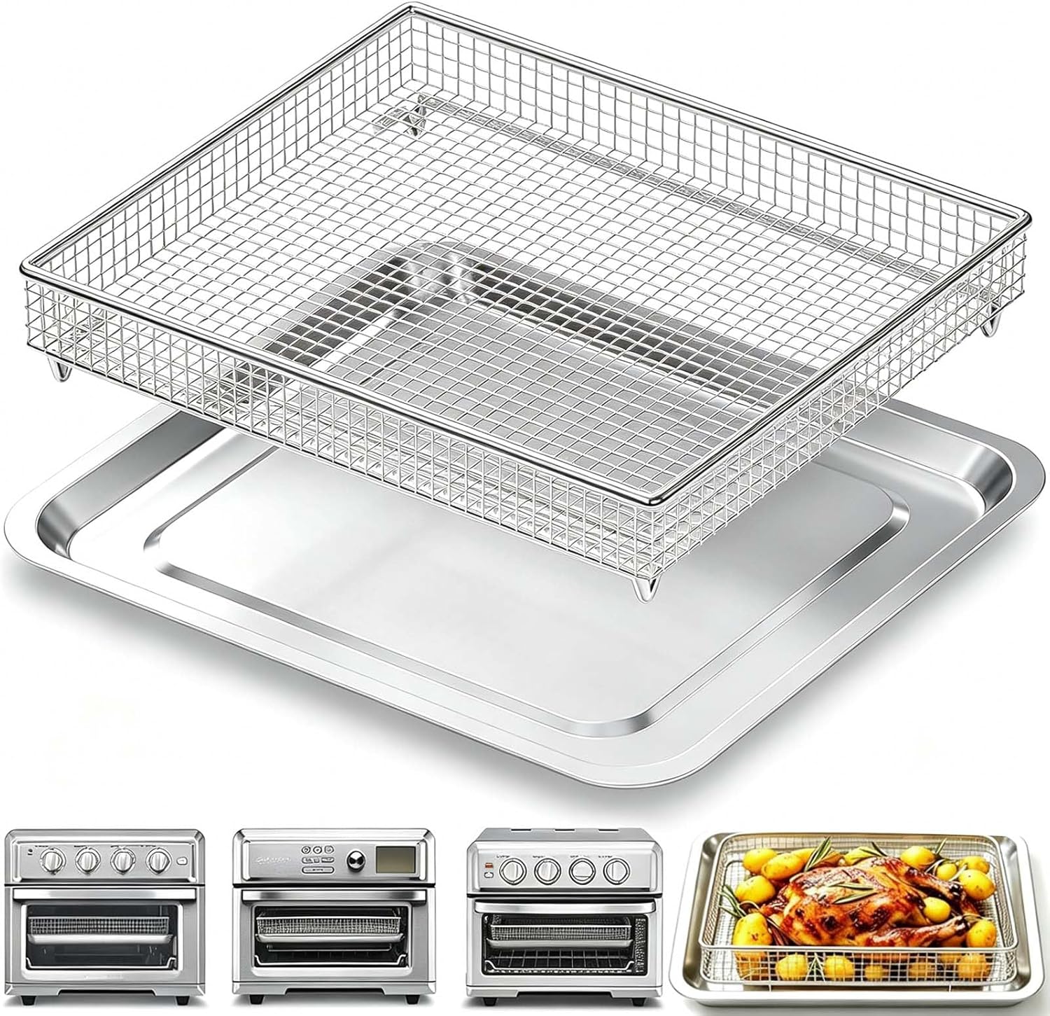 Bandeja de Repuesto para Freidora de Aire para Horno Tostador de Convección, Set de Bandeja de Acero y Cesta de Malla de Alambre, Antiadherente y Apto para Lavavajillas, con Opción de Freír