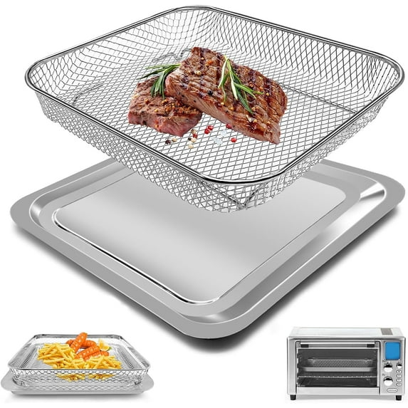 Air Fryer Tray Set for Everyday 360 Air Fryer 12''×10'' and Nuwave Bravo XL 11.7''×9.7'' Stainless Steel Non-stick Air Fryer Accessories Grill Pan Crisper Plate Replacement Parts