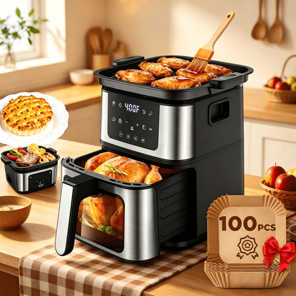 Air Fryer with Grilling Plate, 7.5QT Capacity fits up to 6lbs, 2-in-1 Pro Air Fry, 400F Max Temp, W/Nonstick Basket & Crisper Plate, Black