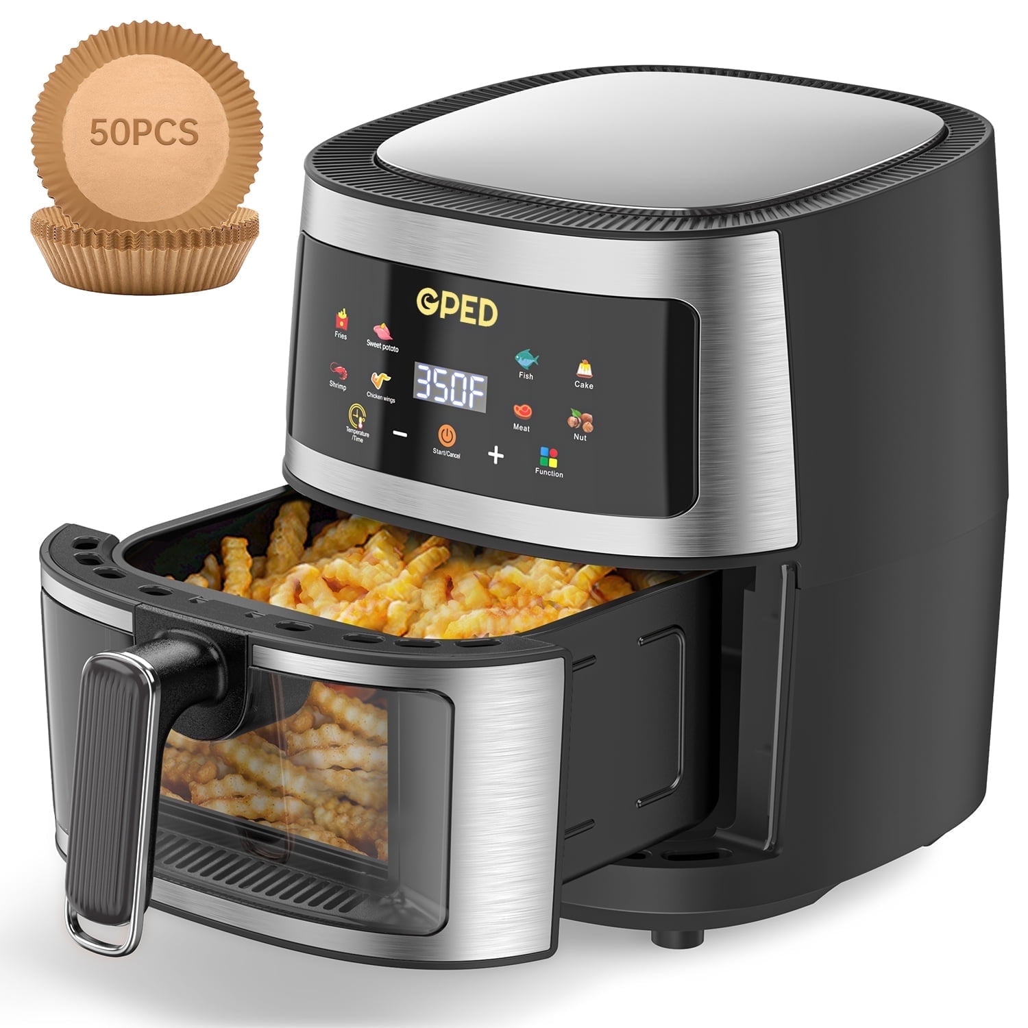 GPED Air Fryer, 7.5 QT 8-in-1 Oilless Air Fryer Oven with Visible Cooking Window, Nonstick and Dishwasher-Safe Basket, Customized Temp/Time, Including Air Fryer Paper Liners 50PCS, Silve