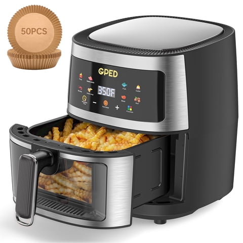 GPED Air Fryer, 7.5 QT 8-in-1 Oilless Air Fryer Oven with Visible Cooking Window, Nonstick and Dishwasher-Safe Basket, Customized Temp/Time, Including Air Fryer Paper Liners 50PCS, Silve