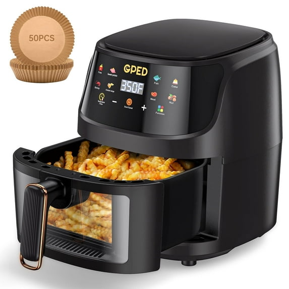 GPED Air Fryer, 7.5 QT 8-in-1 Oilless Air Fryer Oven with Visible Cooking Window, Nonstick and Dishwasher-Safe Basket, Customized Temp/Time, Including Air Fryer Paper Liners 50PCS, Black