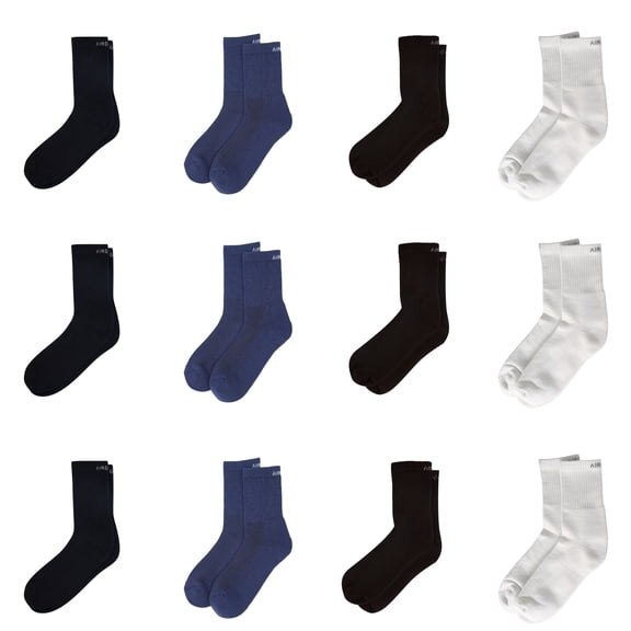 Air Garb Crew Length Cushioned Cotton Socks for Men and Women Free Size - C12-BL3B3BR3W3 (Pack of 12)