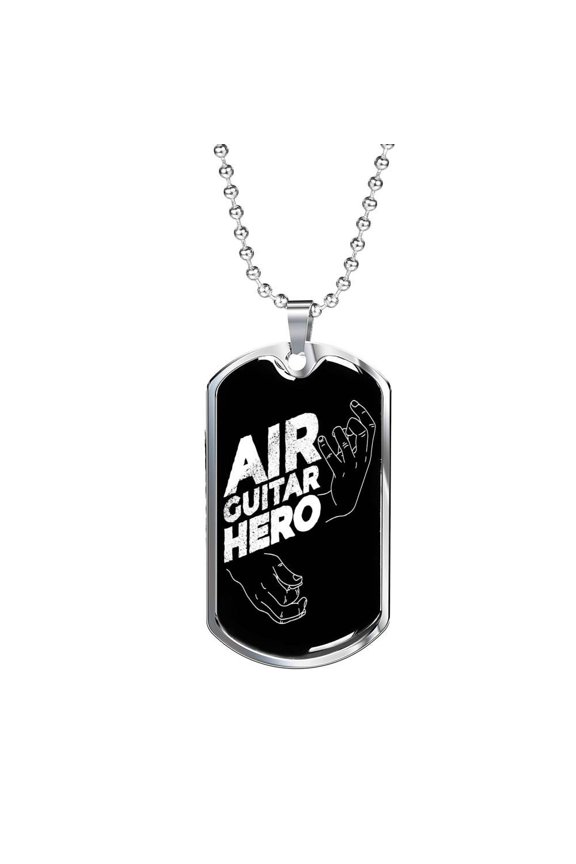 Air Guitar Hero Dog Tag Necklace Stainless Steel 24" Chain Silver Tone or Gold Tone