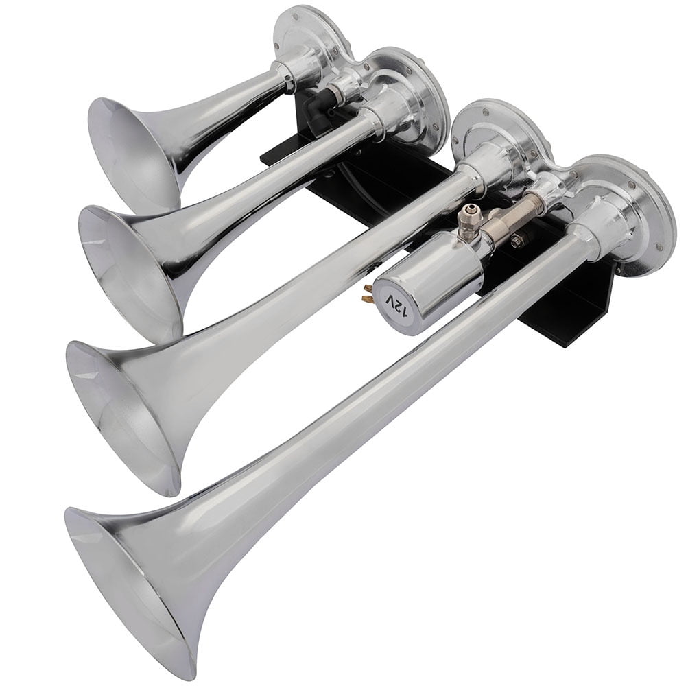 Air Horn Kit, Super Loud 4 Trumpet Electric Truck Train Car Horn with Hose for Any 12V Vehicles Silver