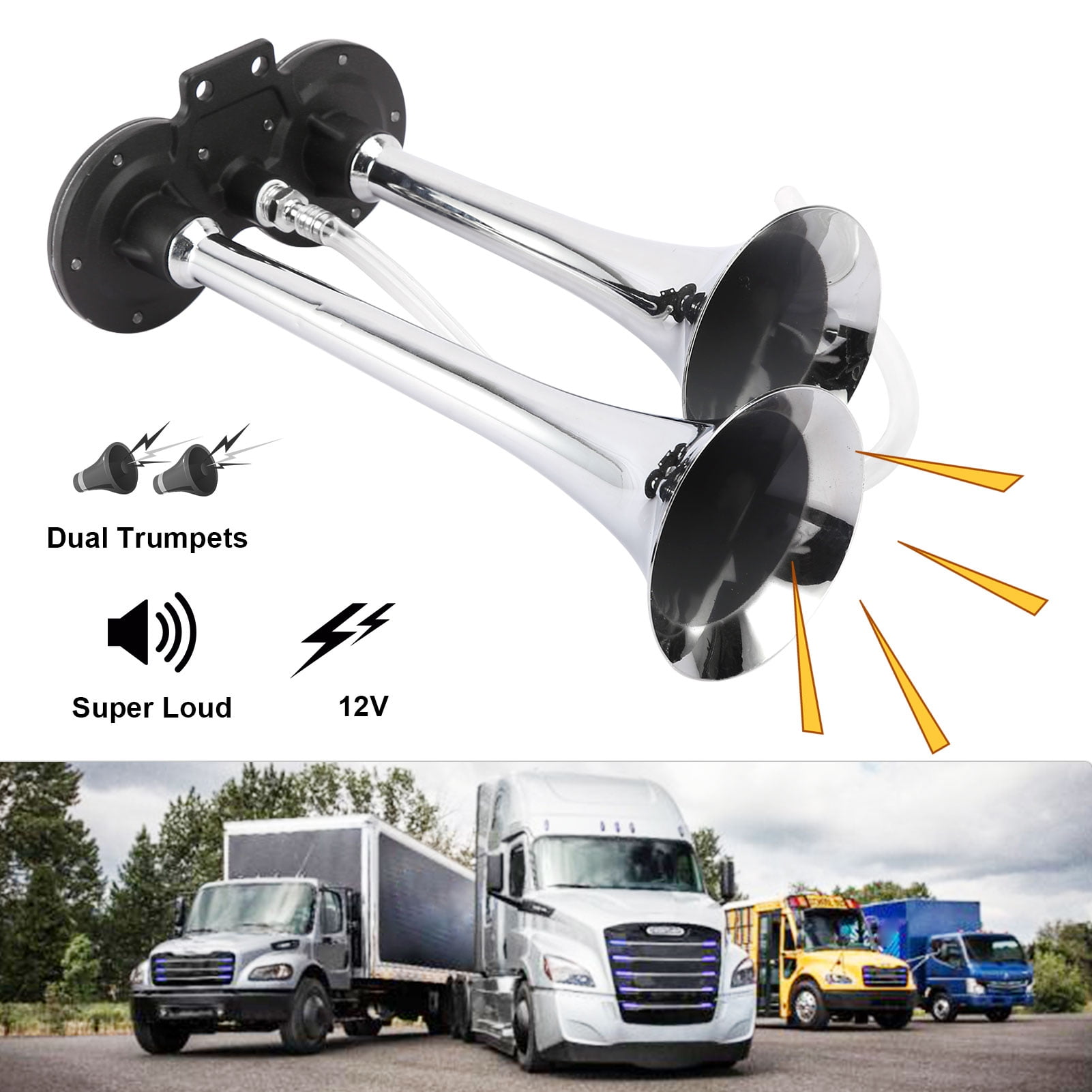 24V 135db Super Loud Dual Air Horn For Truck Mega Train Chrome