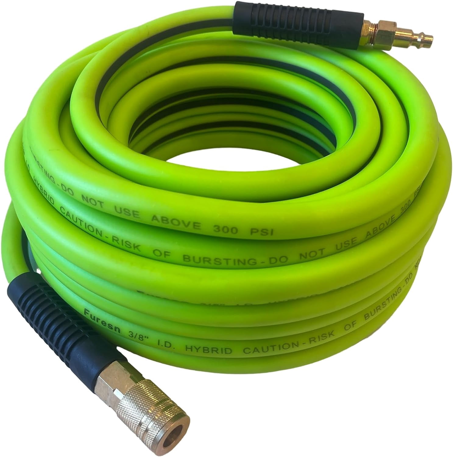 Air Hose 3/8 in x 25 ft, Heavy Duty, Lightweight, Kink Resistant, Hybrid Air Compressor Hose with 1/4 in Solid Brass Male Fittings, Bend Restrictors, 300 PSI (25FT, Green Black)