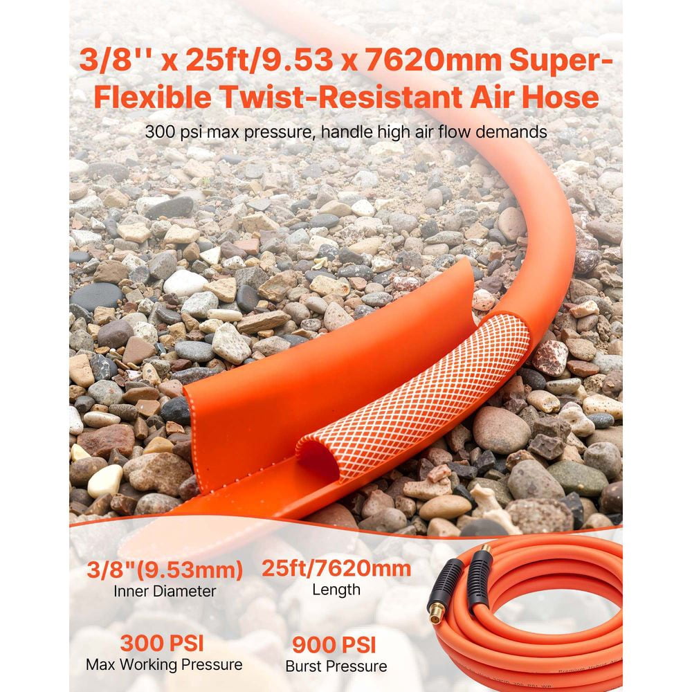 Air Hose, 3/8'' x 25ft Hybrid Air Hose, Lightweight, Kink Resistant, Pneumatic Hoses with 1/4 inch Solid Brass Male Fitting, Three-Layer Hybrid Material, 300 PSI, All-Weather Flexibility, Orange