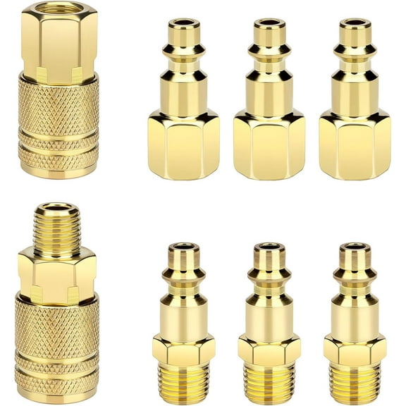 Air Hose Fittings Quick Connect Brass Air Coupler and Plug Kit, Industrial Type D, 1/4 Inch NPT Air Compressor Fittings, (7 Piece)
