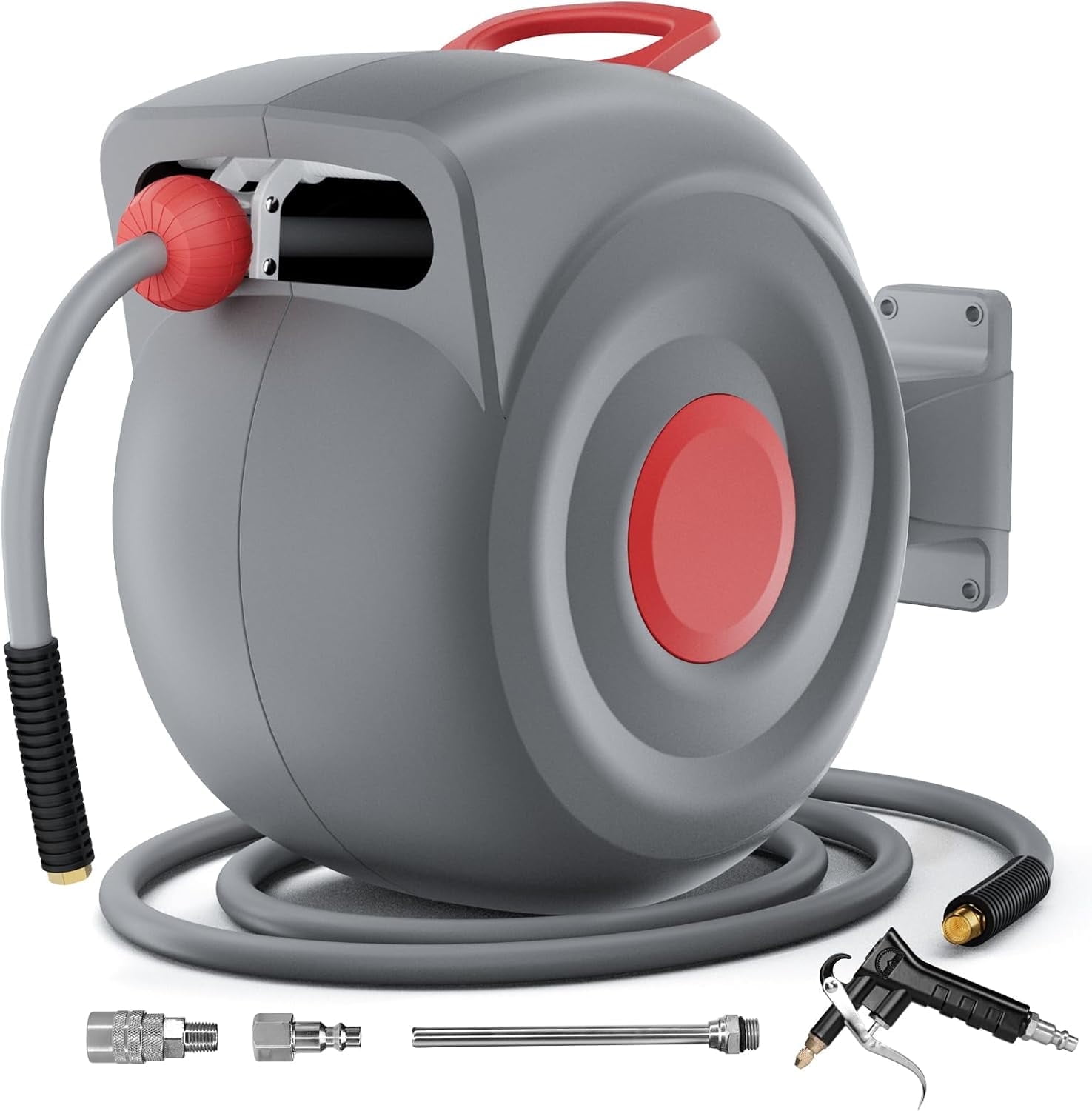 Air Hose Reel 50 Ft Retractable, 3/8 In Auto Rewind Air Hose Reel with Air Blow Gun, Any Length Lock, 180° Swivel Wall Mount Air Tool for Garage Workshop
