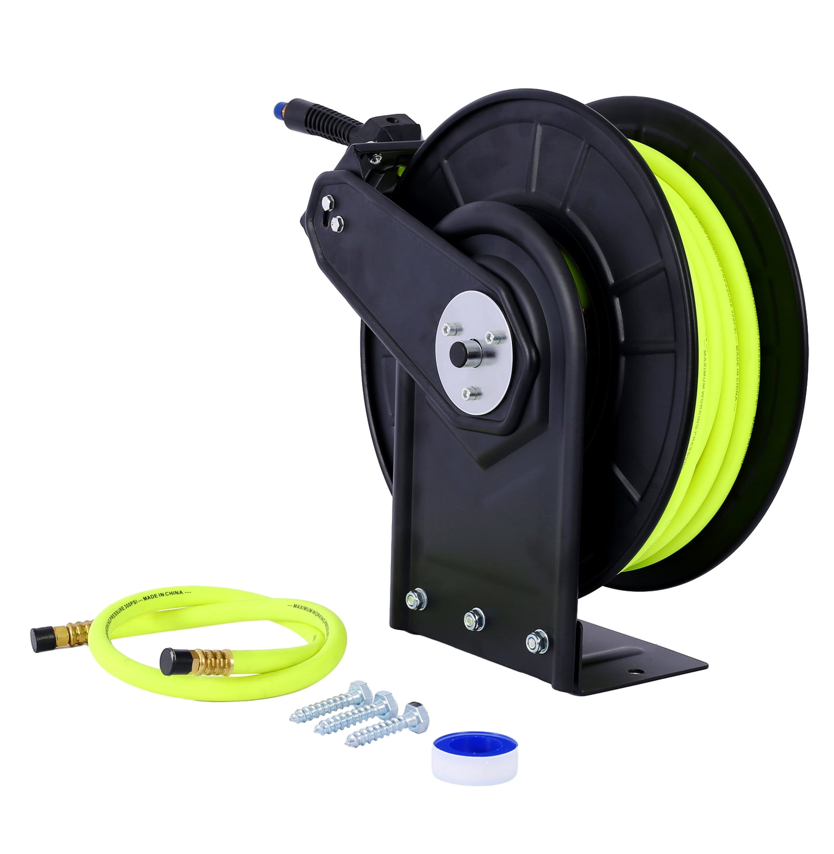Air Hose Reel 50ft 3/8in, Heavy Duty Steel Auto Rewind, Industrial Rubber Hose 300 PSI
