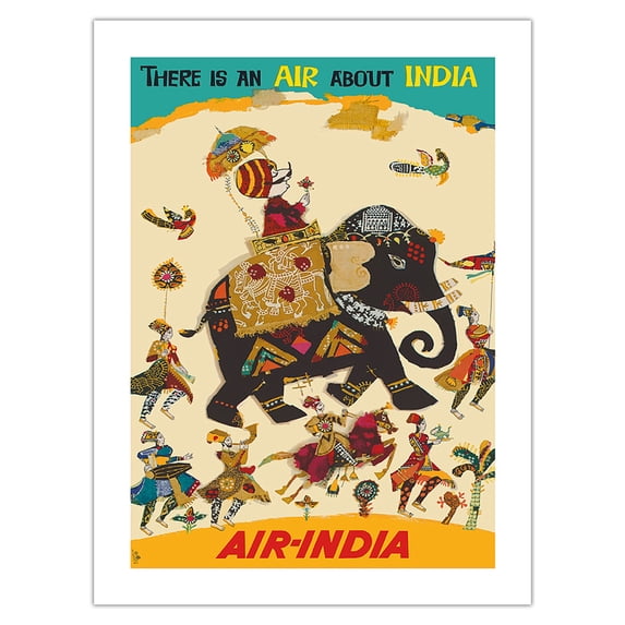 Air India - There is an Air about India - Maharajah in Howdah (Carriage) on Regal Elephant - Vintage Airline Travel Poster c.1965 - Bamboo Fine Art 290gsm Paper (Unframed) 12x16in