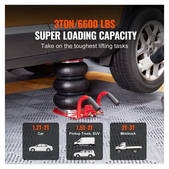 Air Jack 3 Ton, 6600 lbs Triple Bag Pneumatic Jack, 5.5-17.7 Inch Lift Height, 5 Second Fast Lifting, with Steel Pipes & Handles - Red