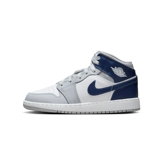 Air Jordan 1 Mid Big Kids' Shoes Color: White/Wolf Grey/Midnight Navy Size: 5Y