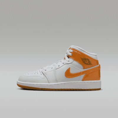 Air Jordan 1 Mid SE Big Kids' Shoes Color: Football Grey/Pine Green/White/Orange Peel Size: 4Y