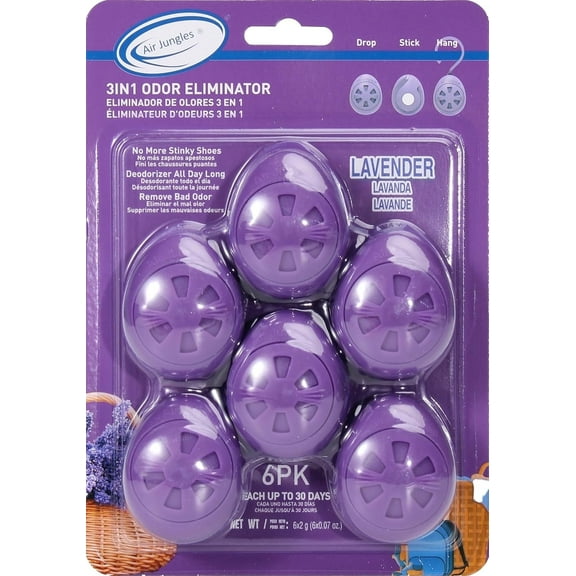 Air Jungles 3-in-1 Odor Eliminator Balls 6 Count, Lavender Scent, Deodorizer and Odor Remover Balls for Shoes, Gym Bags, Lockers, Closets, and Drawers, Essential Oil Air Freshener Twist Ball